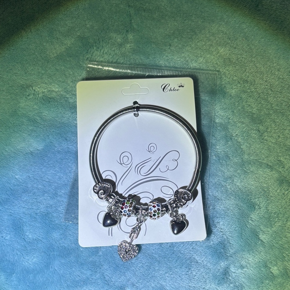 Silver Bracelet with Heart and Multicolored Bead Charms
